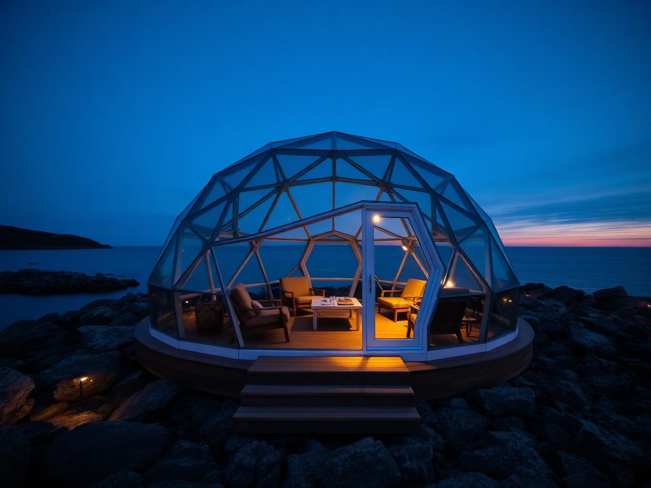 Glasdome vid havet i skymningen