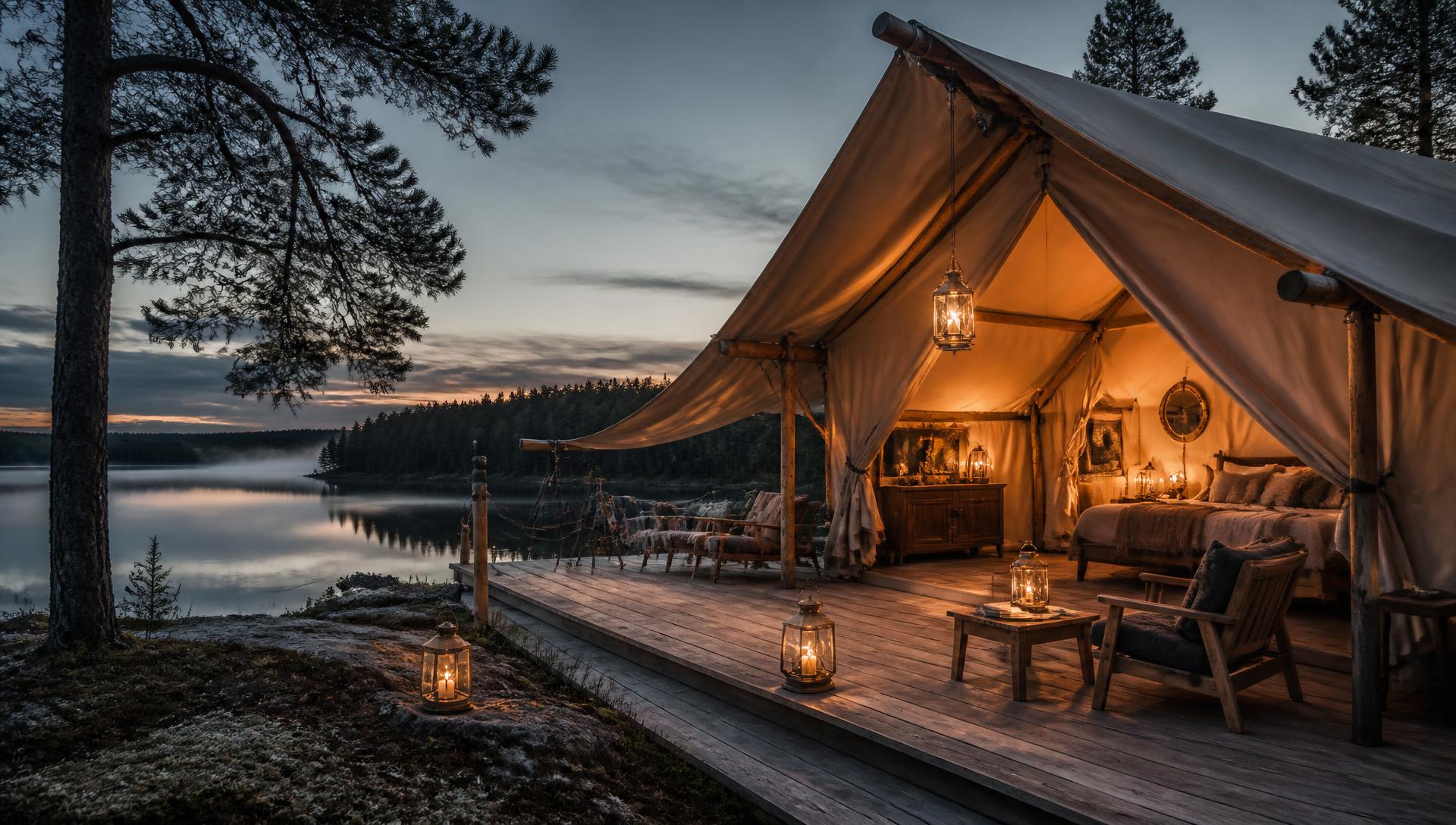 Glamping tent glowing with lantern light beside a Swedish lake at dusk