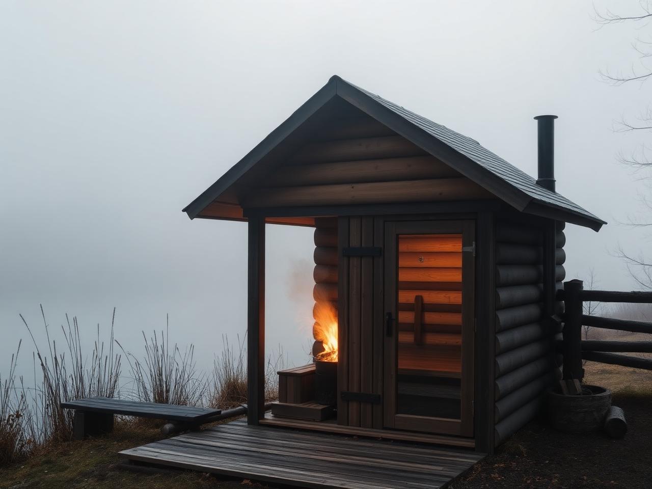 Wood-fired sauna beside a misty Swedish lake